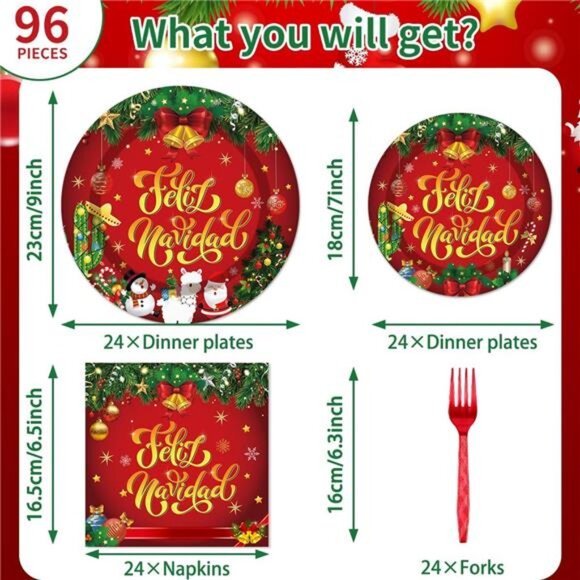 96PCS Feliz Navidad Christmas Tableware Set Disposable Plates, Cups & Napkins - Picture 3 of 8